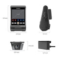 VIOFO A229 Ultra Waterproof 2CH dash cam dimensions diagram showing front, side views with detailed size measurements