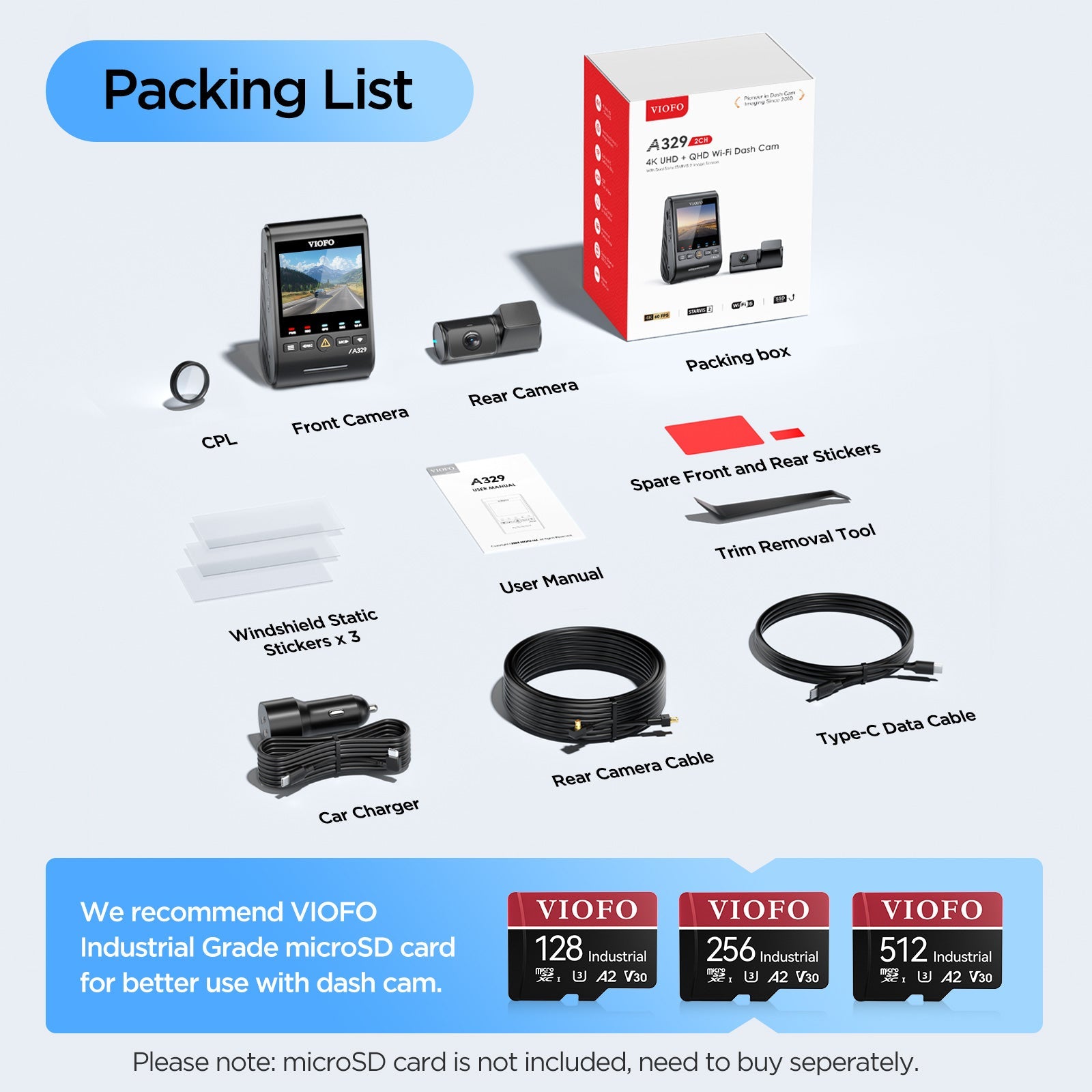 VIOFO A329 2CH First 4K 60FPS Front and 2K Rear Wi - Fi 6 Dash Cam HDR with Sony STARVIS 2 Sensors Support SSD Storage - Viofo - official