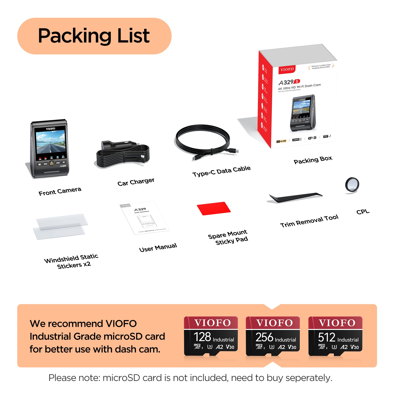 VIOFO A329S 1 Channel package contents showing dash cam, power cable, CPL and accessories