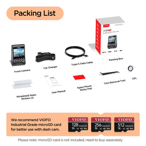 VIOFO A329S 1 Channel package contents showing dash cam, power cable, CPL and accessories