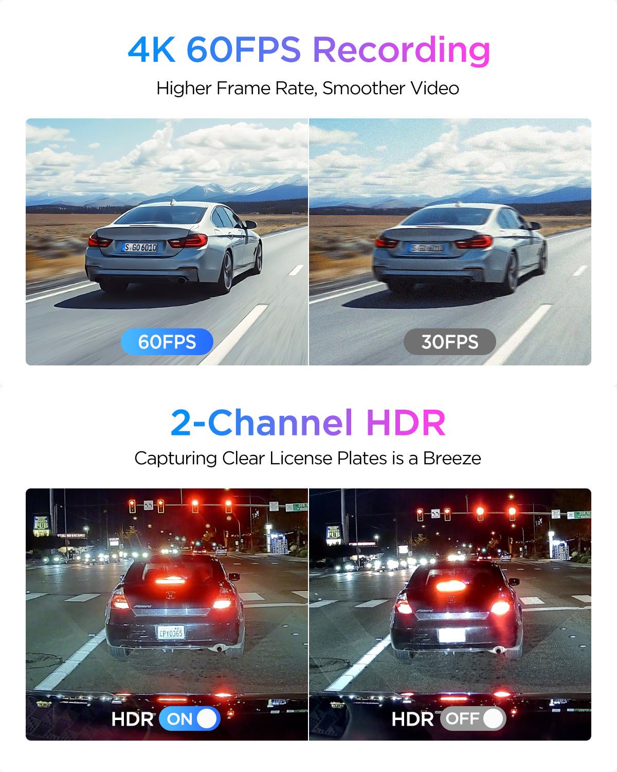 VIOFO A329S 2 Channels with 4K 60FPS Recording for higher frame rate and smoother video, and comparison showing HDR on and off footage captured