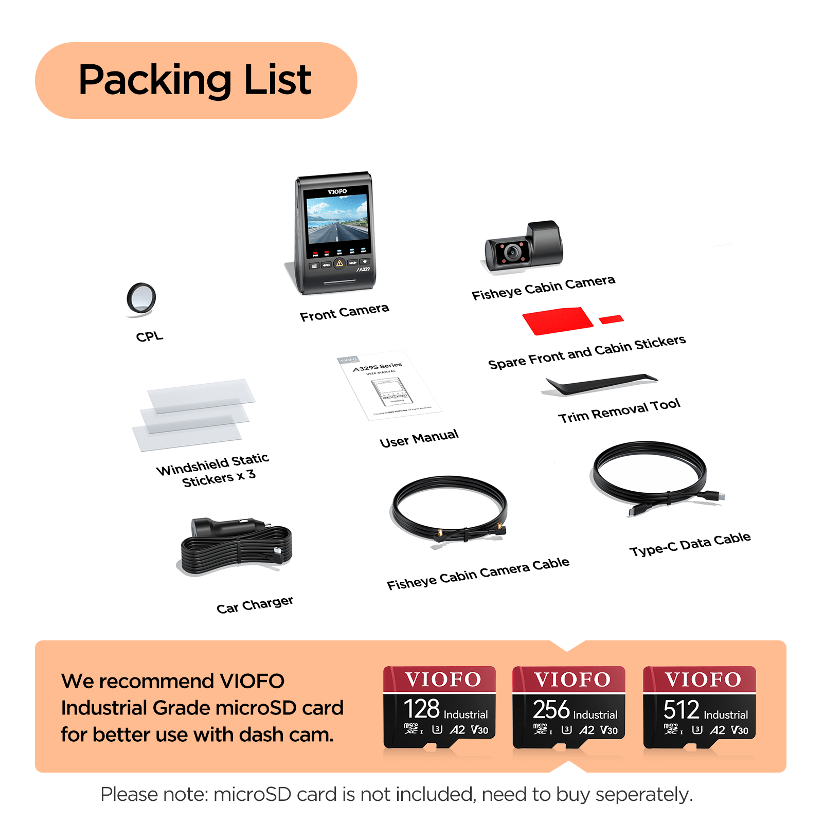 Packing List of VIOFO A329S 2CH IR Front and Interior Dash Cam