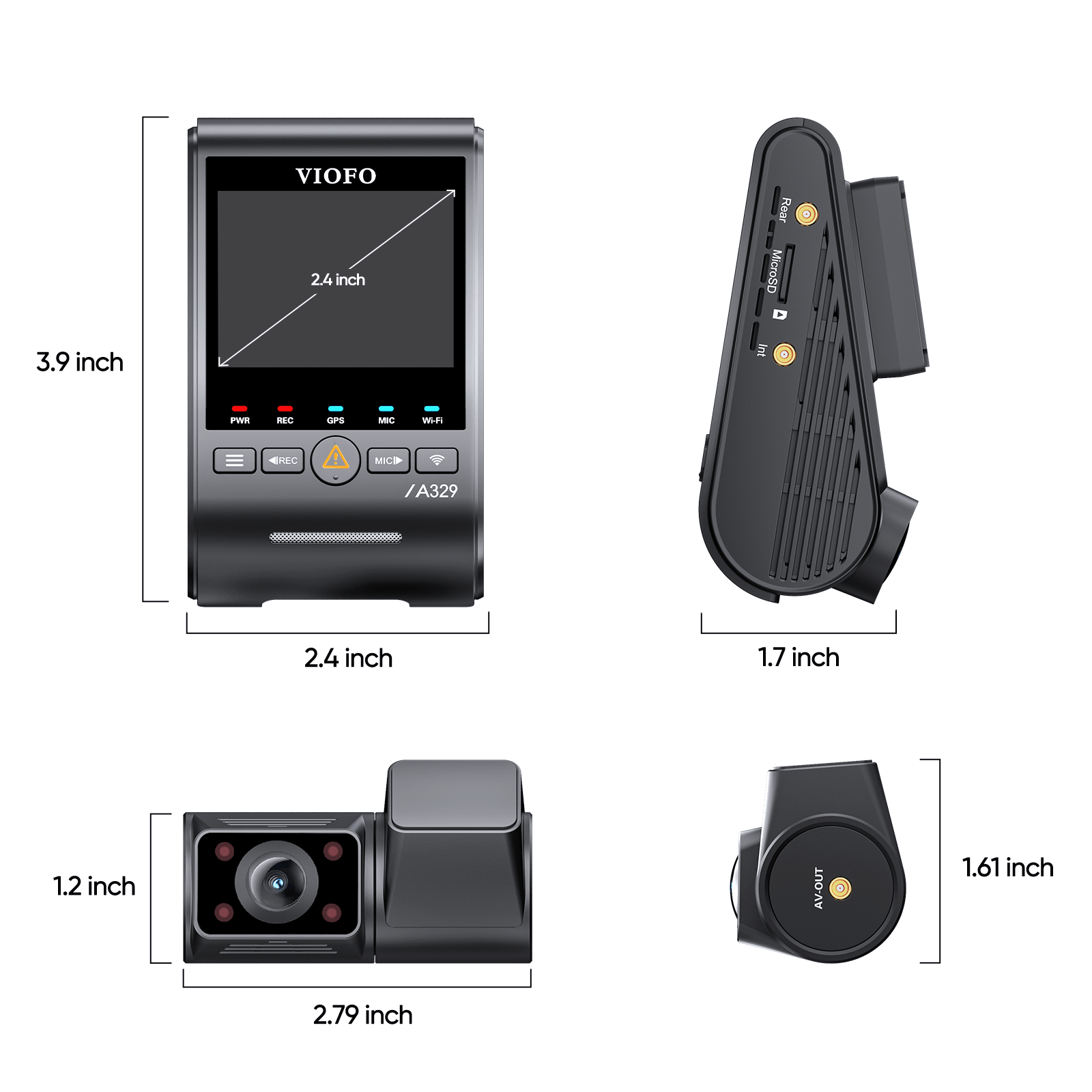 VIOFO A329S 2CH IR Front and Interior cameras dimensions diagram showing front and side views with detailed size measurements