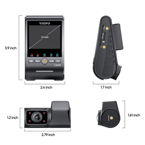 VIOFO A329S 2CH IR Front and Interior cameras dimensions diagram showing front and side views with detailed size measurements