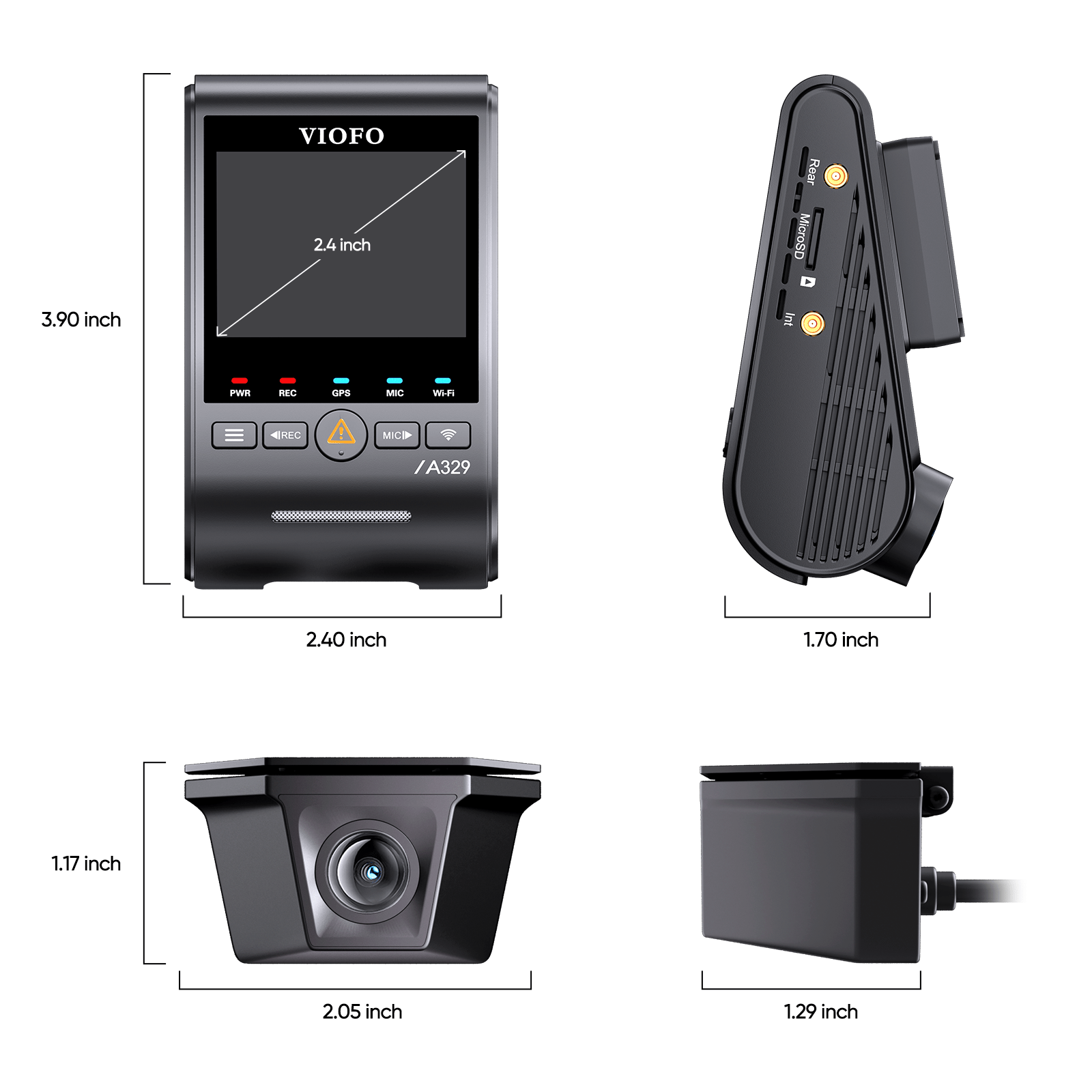 VIOFO A329SW 2 Channels dash cam dimensions diagram showing front and side views with detailed size measurements