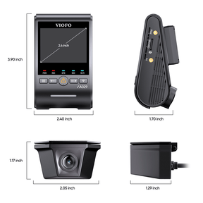 VIOFO A329SW 2 Channels dash cam dimensions diagram showing front and side views with detailed size measurements