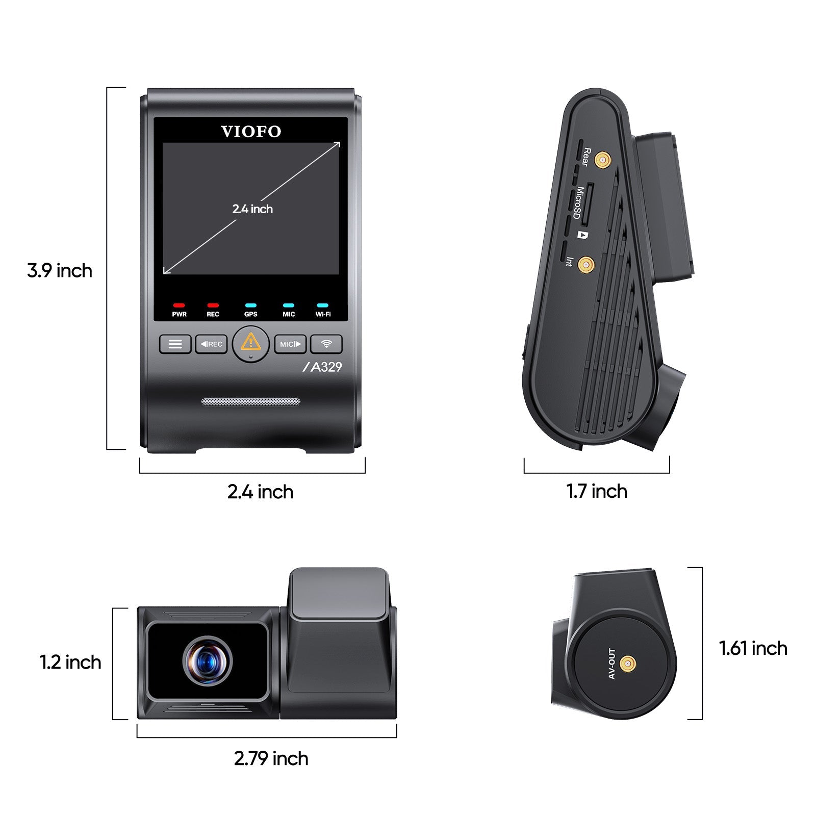 VIOFO A329T 2 Channels dash cam dimensions diagram showing front and side views with detailed size measurements