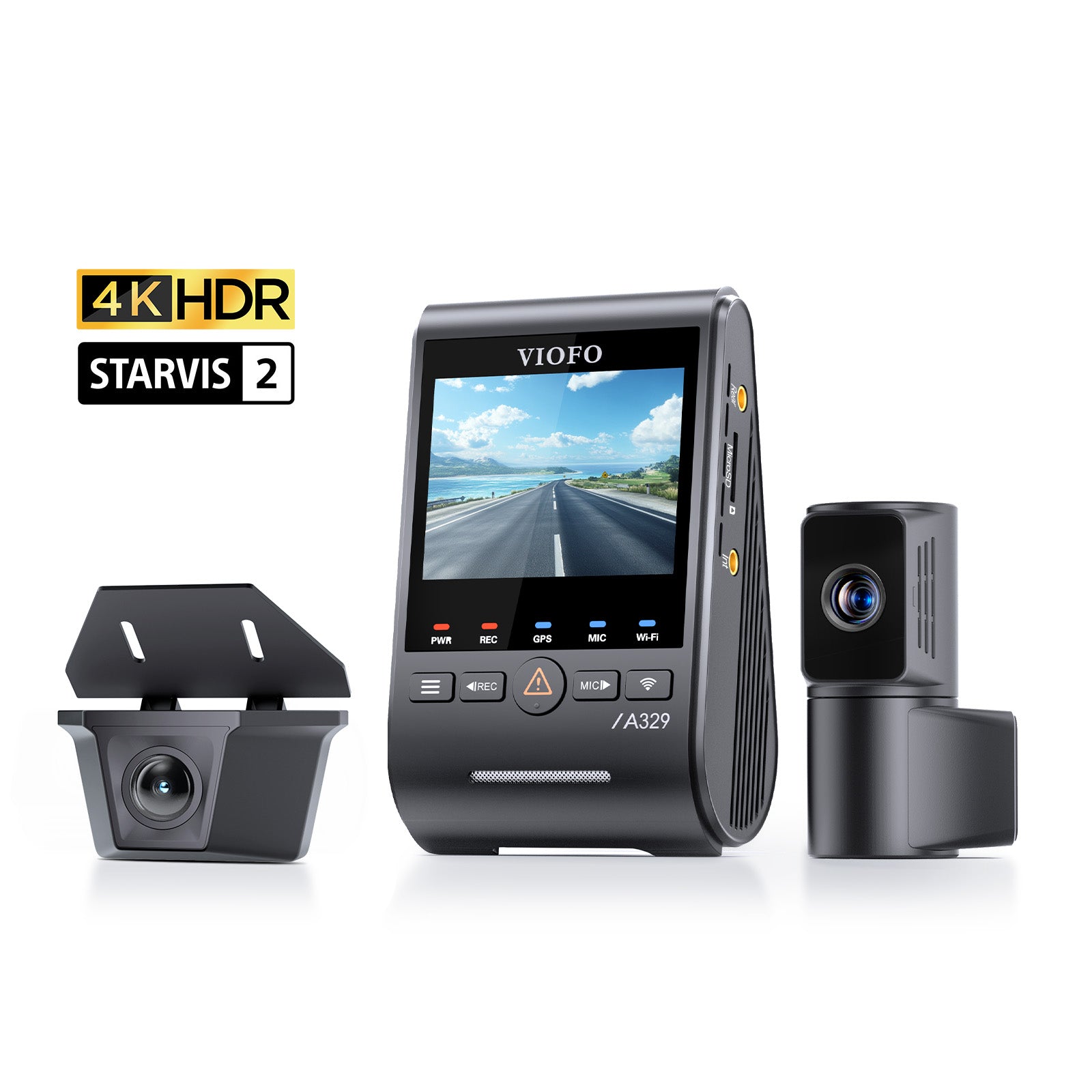 VIOFO A329TW 3CH 4K 30FPS Front+2K Telephoto Camera+2K Waterproof Camera, Sony STARVIS 2 Sensor HDR, Support SSD Storage, Low Power Impact Detection, Hybrid Parking Recording - Viofo - official