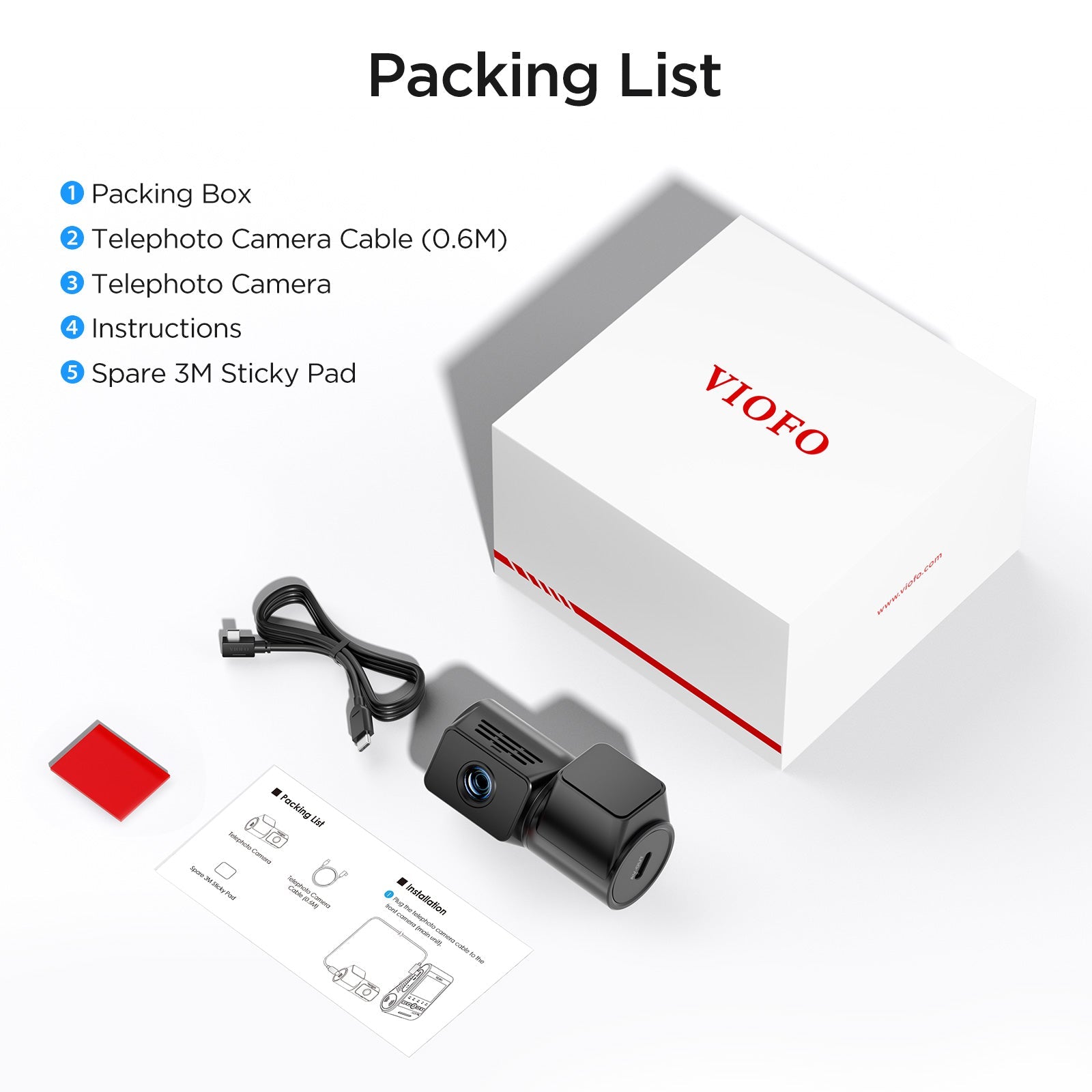 VIOFO RTC320 Telephoto Camera with 0.6M Cord and Adhesive Sticker for A229 Plus/A229 Pro - VIOFO